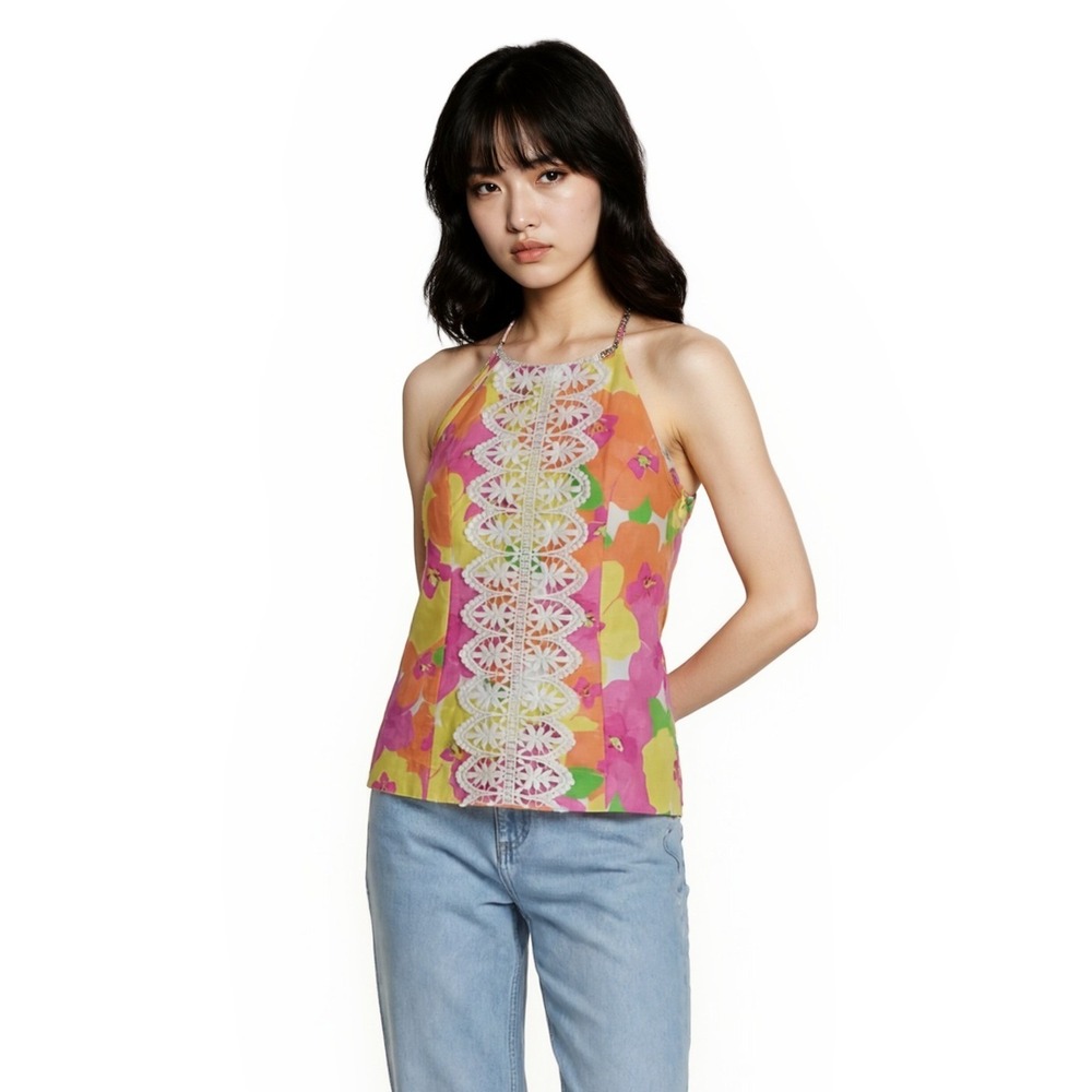 Lilly Pulitzer Halter Top Women's‎ Size 2 Pink Orange Floral Eyelet Lace